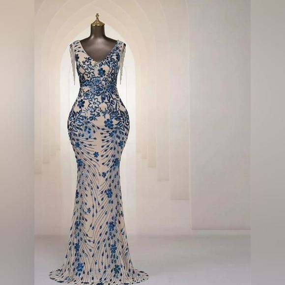 Blue, Floral Print, V Neck,  Beaded Draped Sleeves,  Sequined Mermaid Go… - Picture 12 of 12